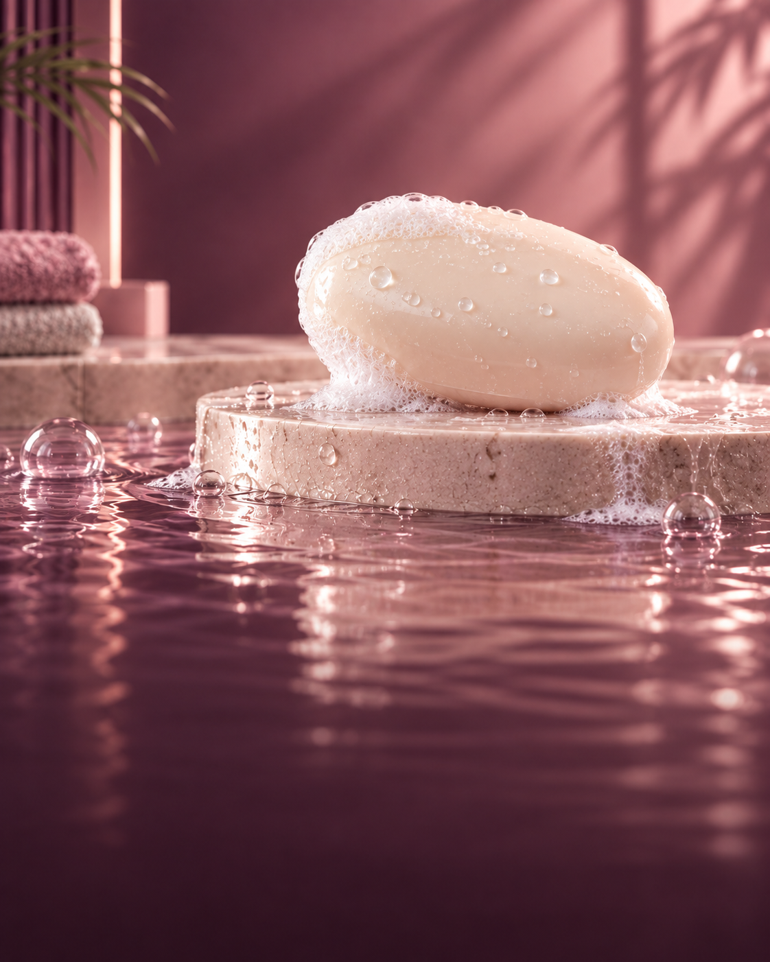 Barra de jabón con espuma y gotas de agua en un ambiente rosado