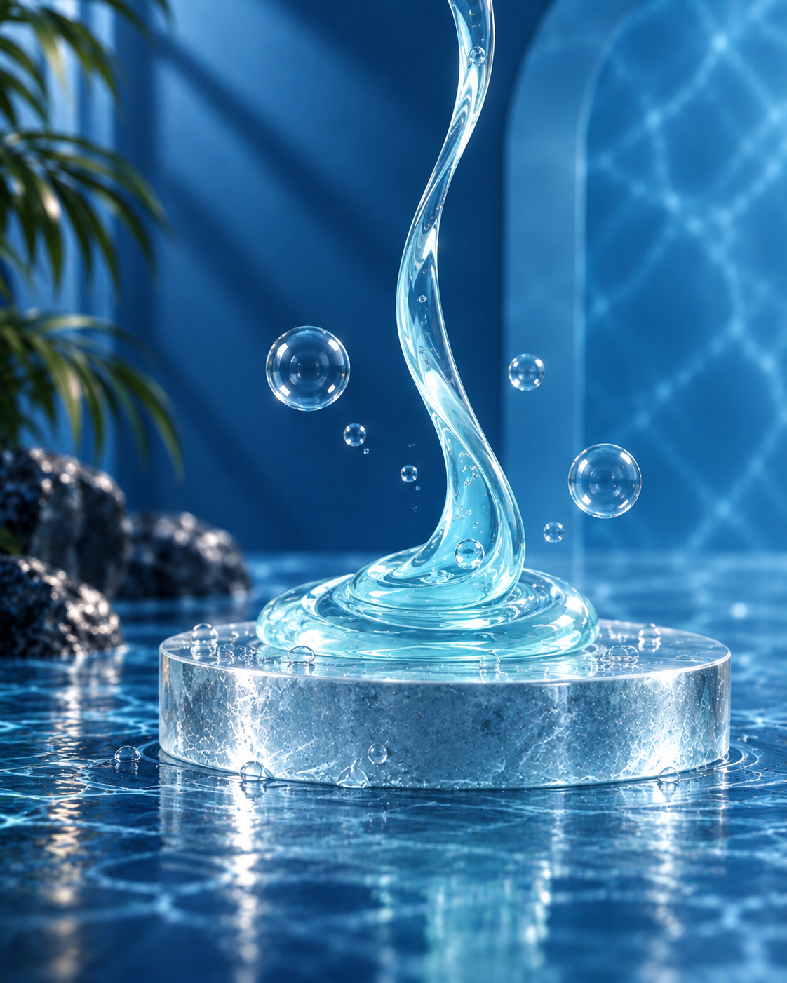 Textura de jabón líquido transparente con agua y burbujas en un ambiente azul