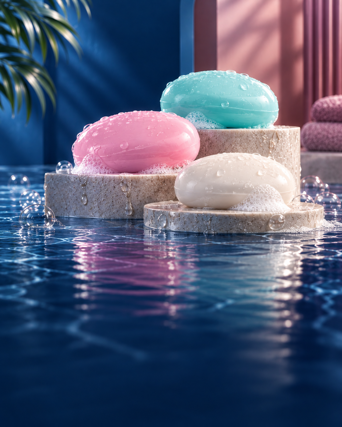 Tres barras de jabón con agua y espuma en tonos azul y rosado