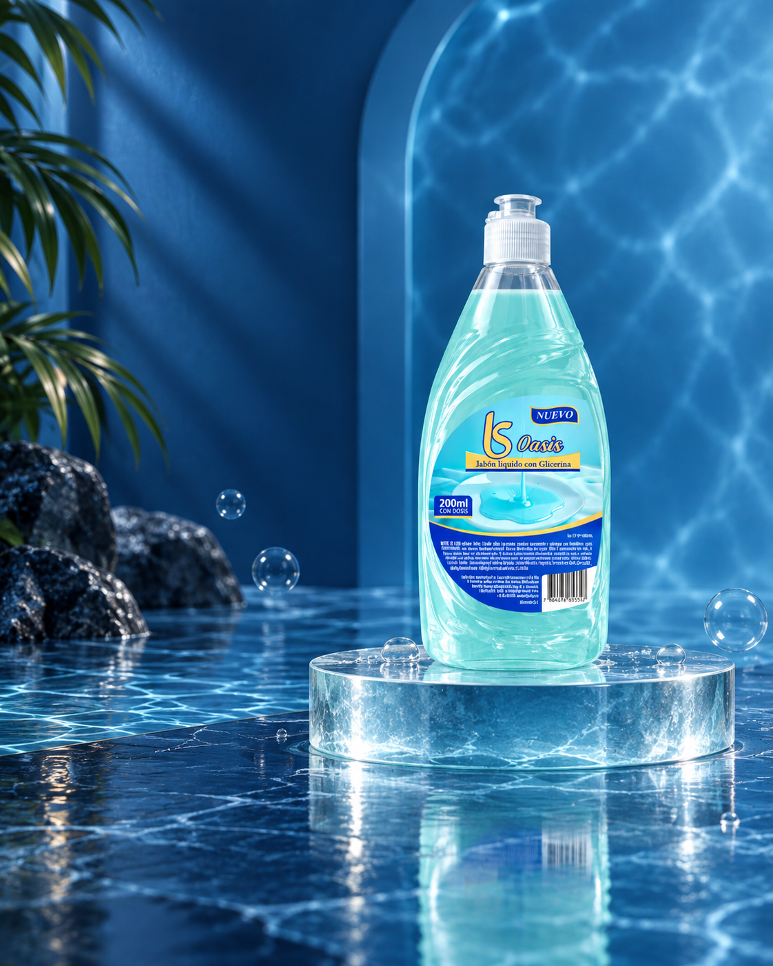 Jabón líquido LS Oasis integrado en un ambiente acuático sobre una plataforma